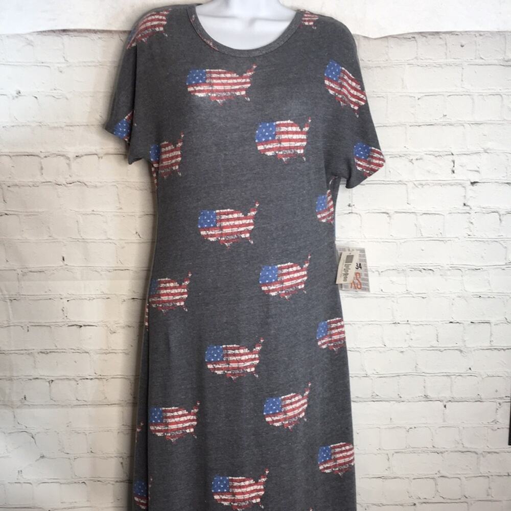 LuLaRoe Maria Women's Long Maxi T-shirt Dress‎ XS American Dreams Gray NWT